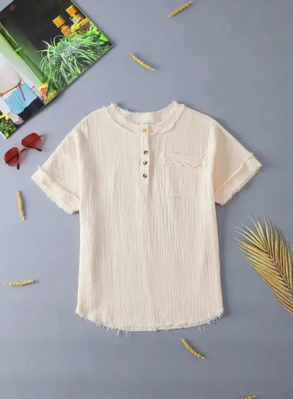 Parchment Crinkle Textured Frayed Trim Half Button Short Sleeve Top - Fashionfitz