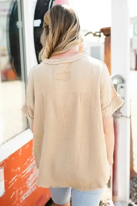 Parchment Crinkle Textured Frayed Trim Half Button Short Sleeve Top - Fashionfitz