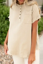 Crinkle Frayed Tunic Top with half-button front and chest pocket, styled with white pants for a casual summer look.