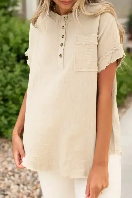 Crinkle frayed half-button tunic top with chest pocket front view — Fashionfitz UK