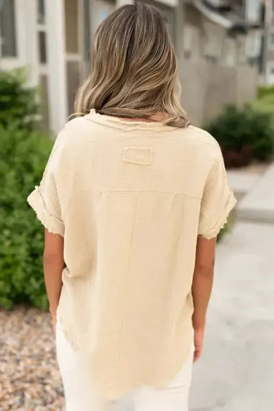 Parchment Crinkle Textured Frayed Trim Half Button Short Sleeve Top - Fashionfitz