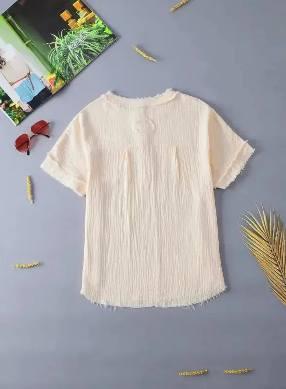 Parchment Crinkle Textured Frayed Trim Half Button Short Sleeve Top - Fashionfitz