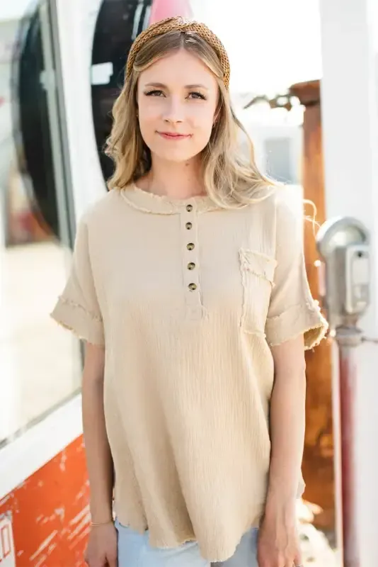 Parchment Crinkle Textured Frayed Trim Half Button Short Sleeve Top - Fashionfitz