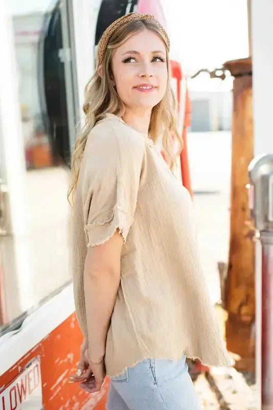 Parchment Crinkle Textured Frayed Trim Half Button Short Sleeve Top - Fashionfitz