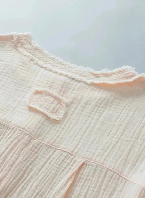 Parchment Crinkle Textured Frayed Trim Half Button Short Sleeve Top - Fashionfitz