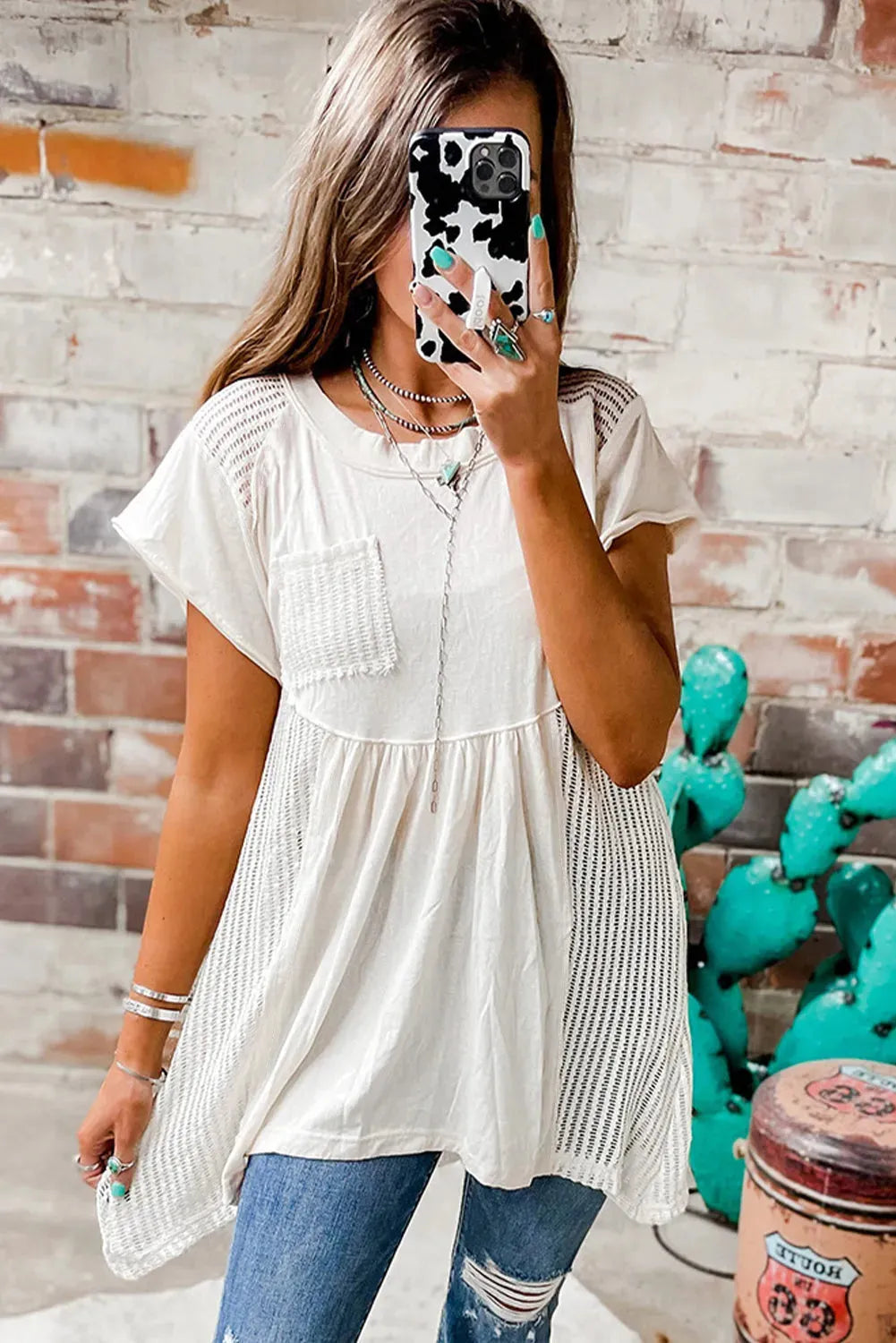 White Hollow Knit Splicing Keyhole Back Tunic Top - Fashionfitz