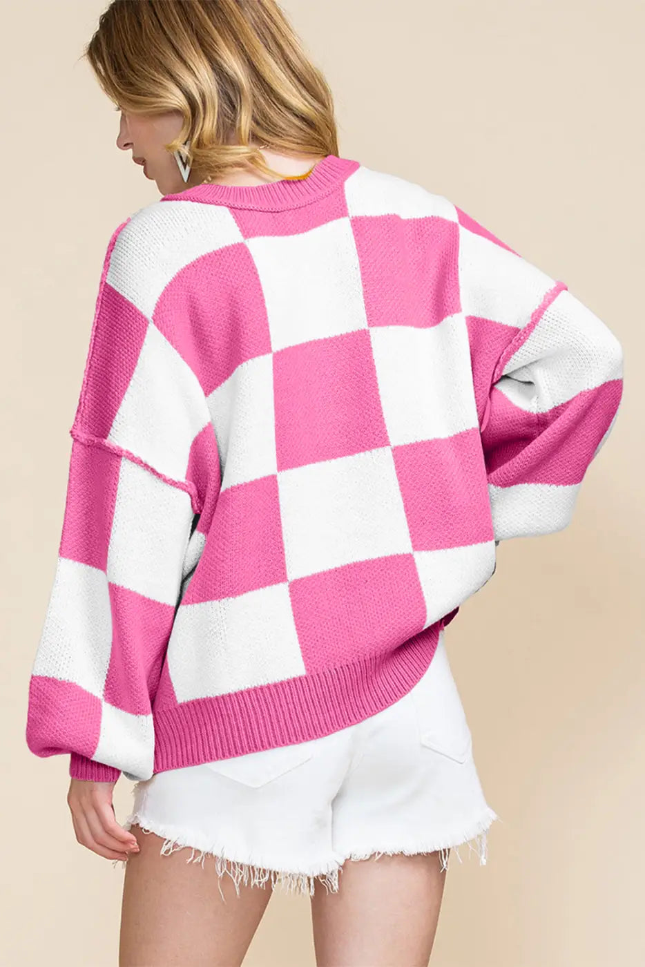 Trendy checkered bishop sleeve sweater