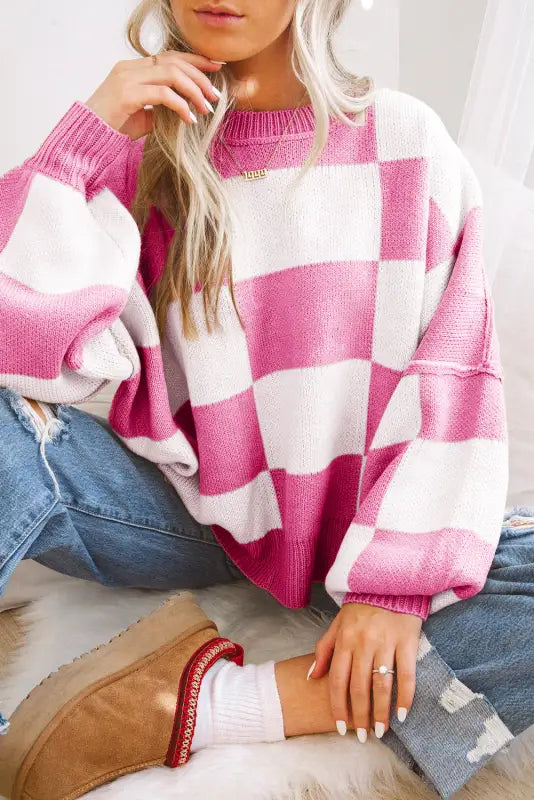 Cozy checkered bishop sleeve sweater | get yours