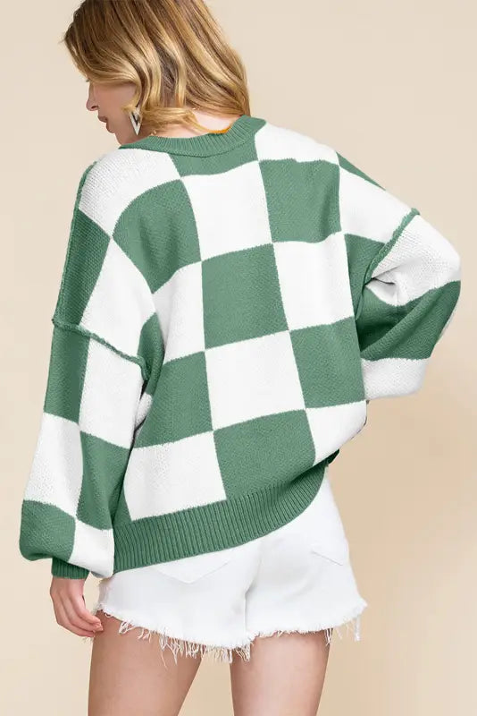 Cozy checkered bishop sleeve sweater | get yours