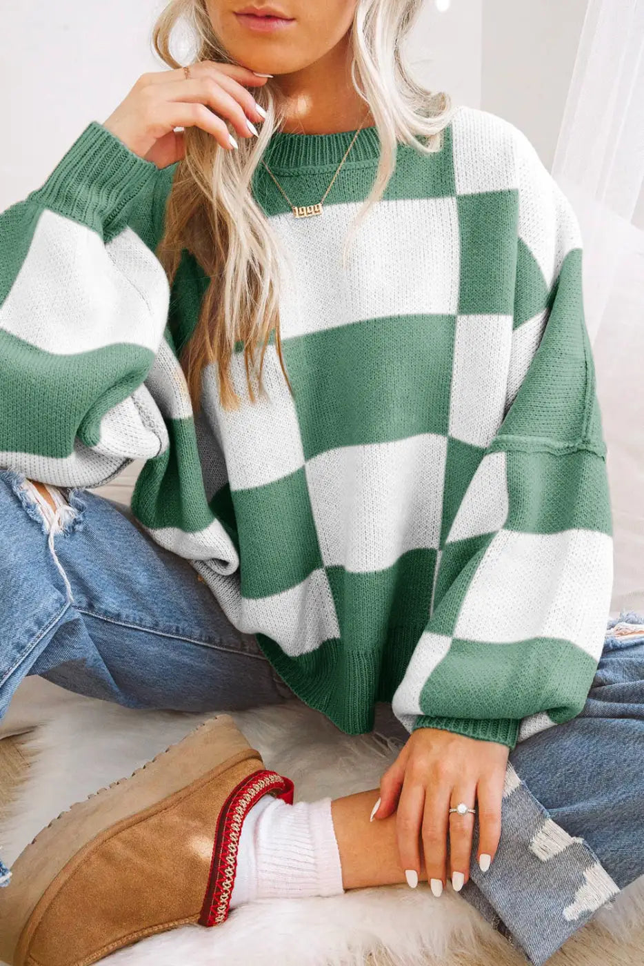 Trendy checkered bishop sleeve sweater