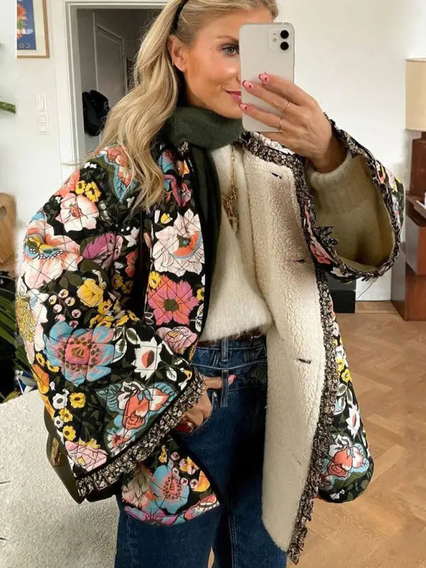 Trendy loose floral quilted coat - black / s - winter jackets