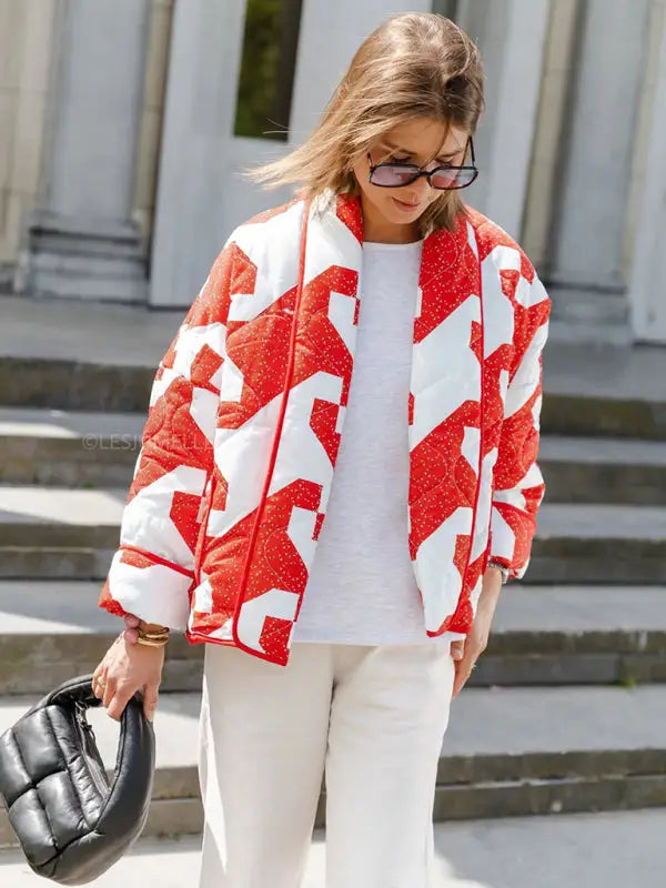 Trendy loose winter print quilted coat - red / s - jackets