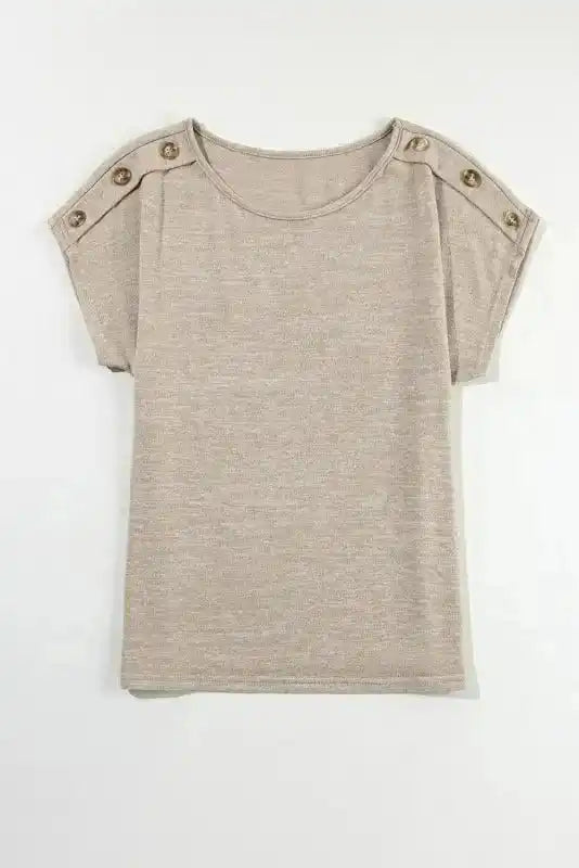 Flat lay of Smoke Gray Batwing Tee showing full front view and button detail, perfect for casual chic fashion.
