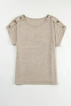 Flat lay of Smoke Gray Batwing Tee showing full front view and button detail, perfect for casual chic fashion.