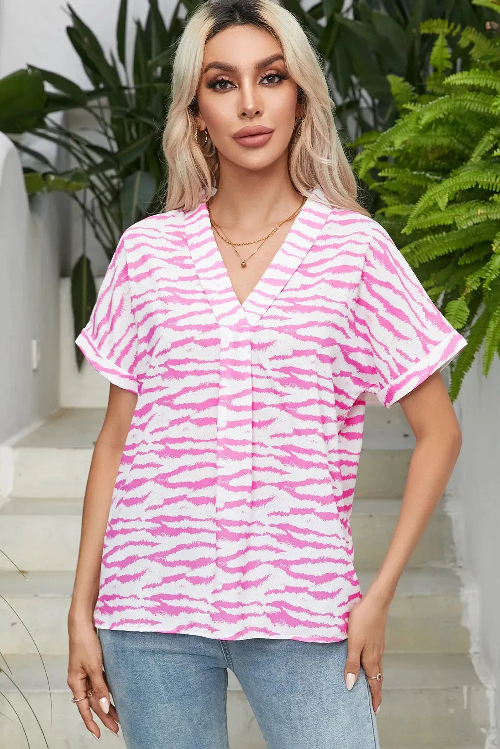 Zebra Rose V-Neck Blouse - Fashionfitz