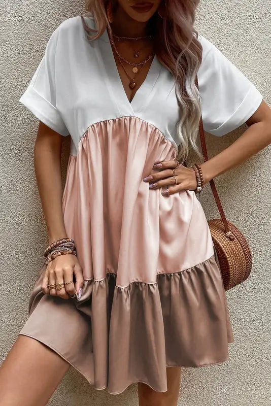 Triple colors tiered loose dress - light french beige / s / 100% polyester - dresses/mini dresses