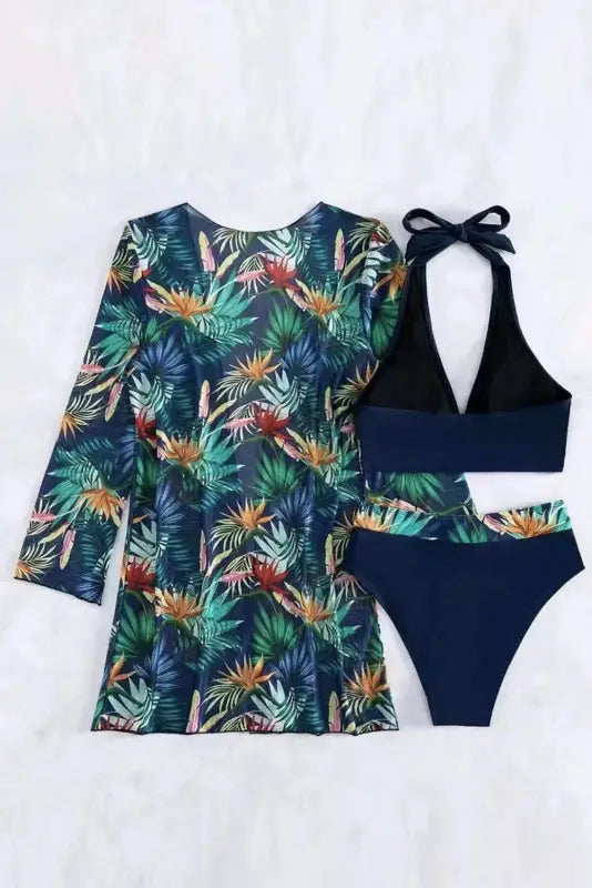 Tropical 3 pcs bikini set with cover up - beach - ups