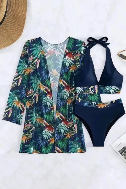 Tropical 3 pcs bikini set with cover up - bikinis