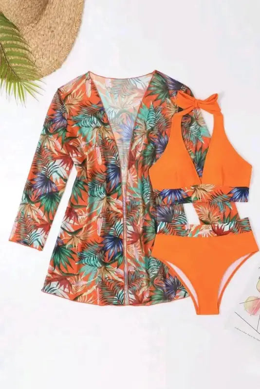 Tropical 3 pcs bikini set with cover up - beach - ups