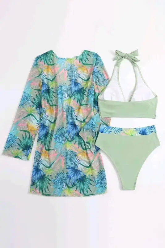 Tropical 3 pcs bikini set with cover up - bikinis