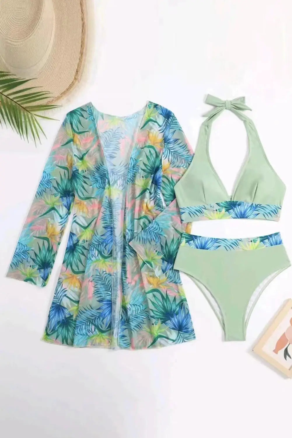 Tropical 3 pcs bikini set with cover up - bikinis