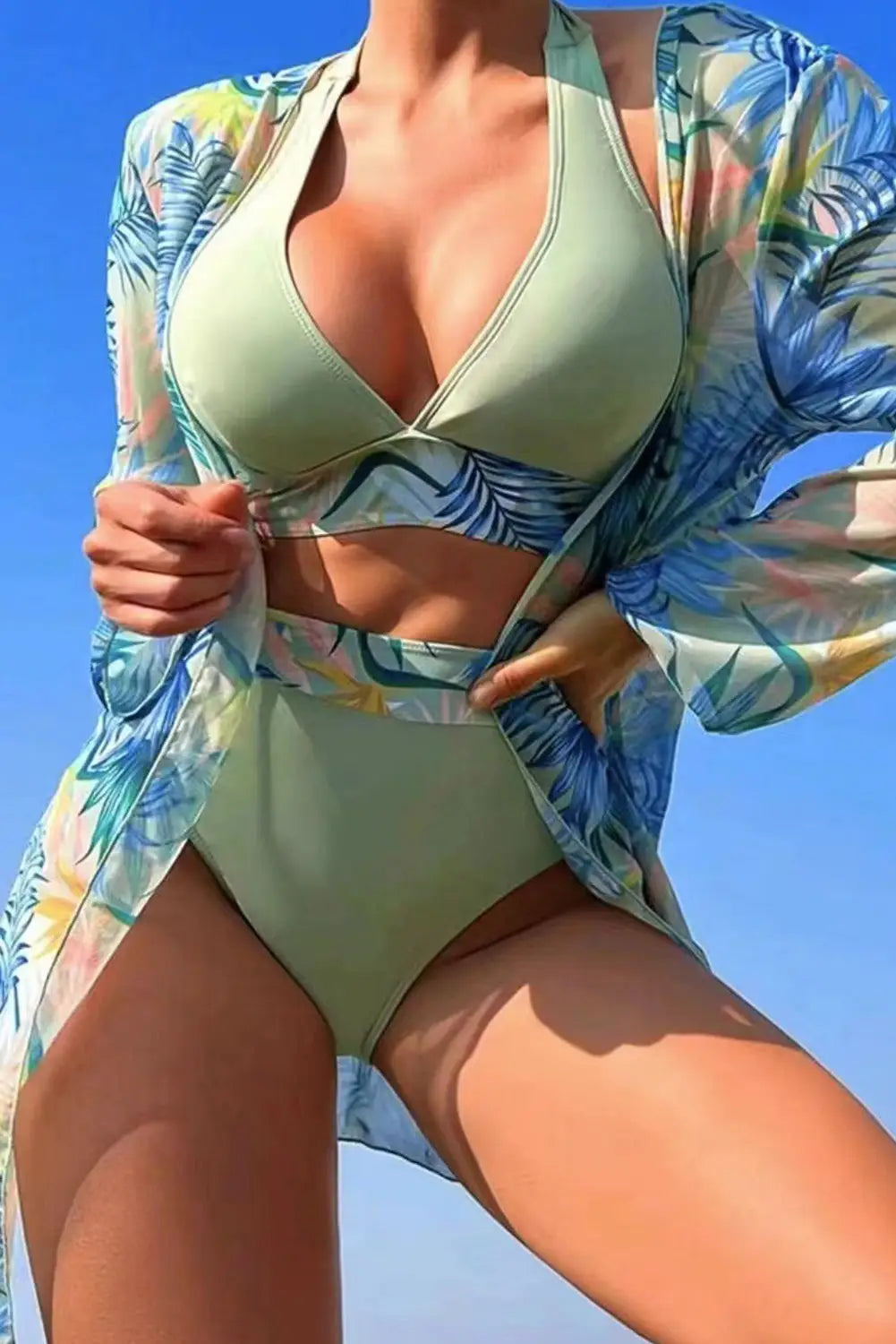 Tropical 3 pcs bikini set with cover up - laurel green / s / 100% polyester - bikinis
