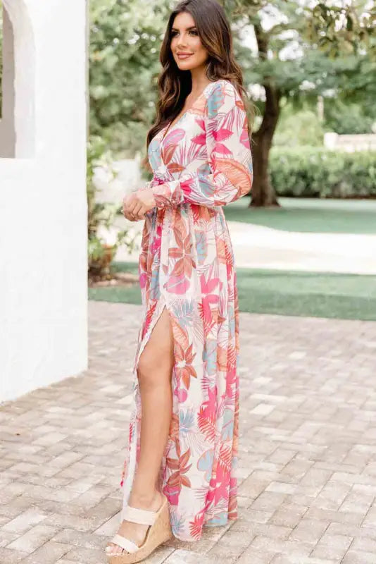 Tropical plant print long sleeve wrap v-neck slit maxi dress - dresses