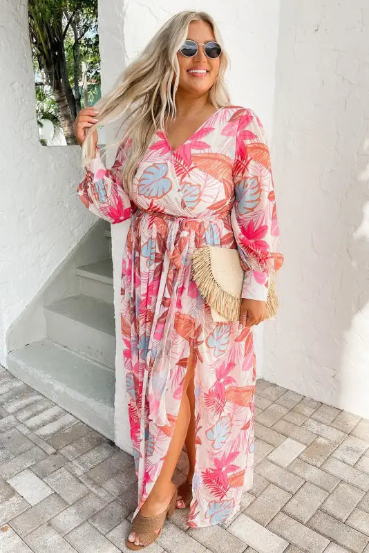 Tropical plant print long sleeve wrap v-neck slit maxi dress - dresses