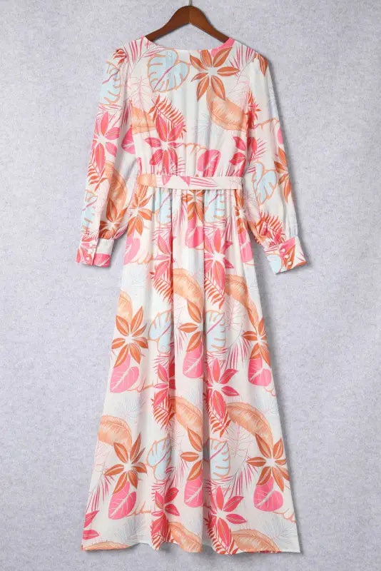 Tropical plant print long sleeve wrap v-neck slit maxi dress - dresses