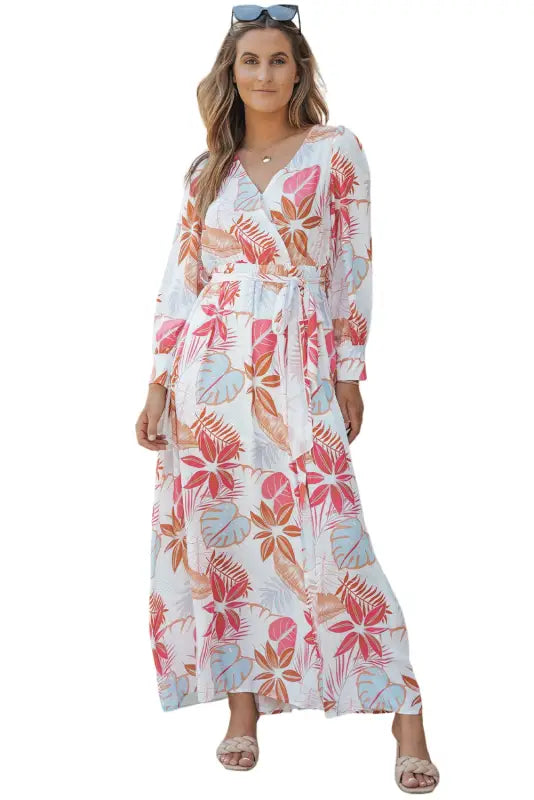 Tropical plant print long sleeve wrap v-neck slit maxi dress - dresses