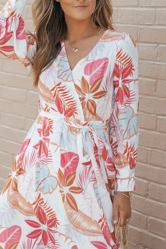 Tropical plant print long sleeve wrap v-neck slit maxi dress - dresses