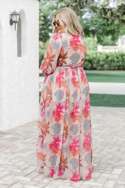 Tropical plant print long sleeve wrap v-neck slit maxi dress - dresses