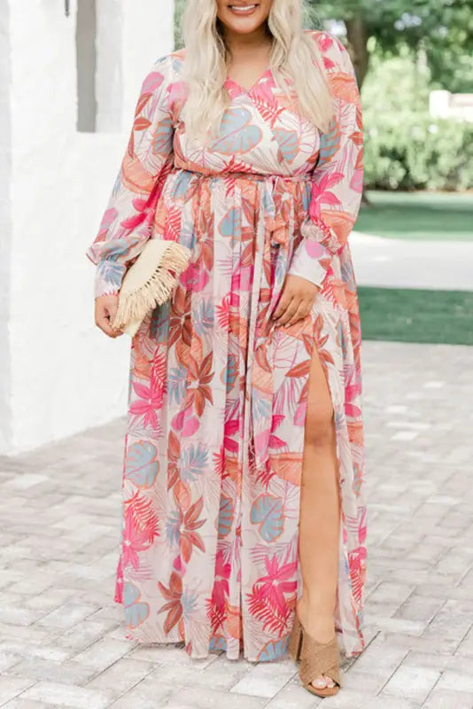 Tropical plant print long sleeve wrap v-neck slit maxi dress - multicolor / 1x / 100% polyester - dresses