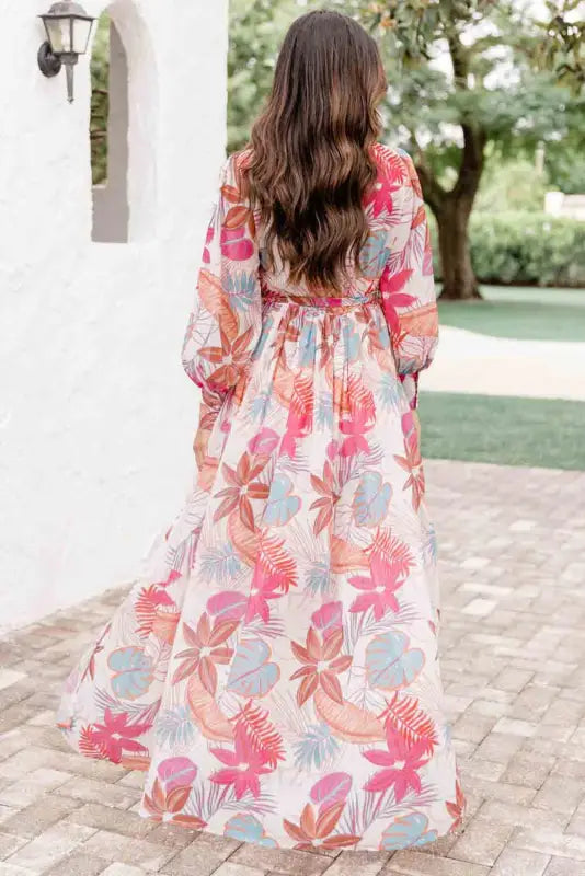 Tropical plant print long sleeve wrap v-neck slit maxi dress - dresses