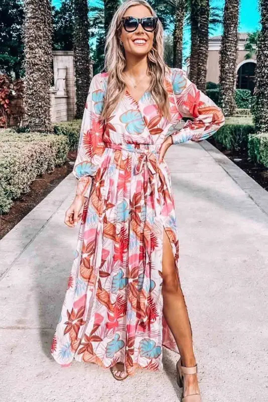 Tropical plant print long sleeve wrap v-neck slit maxi dress - dresses