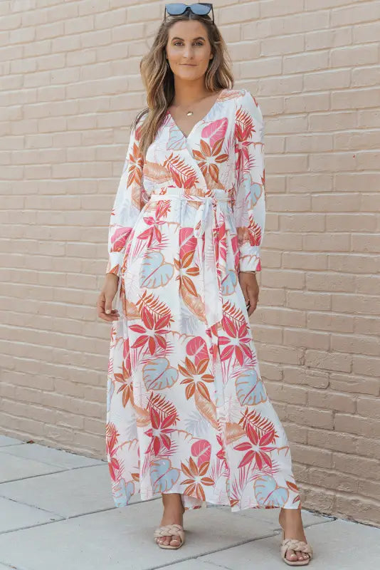 Tropical plant print long sleeve wrap v-neck slit maxi dress - red / s / 100% polyester - dresses