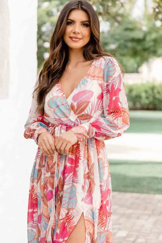 Tropical plant print long sleeve wrap v-neck slit maxi dress - dresses