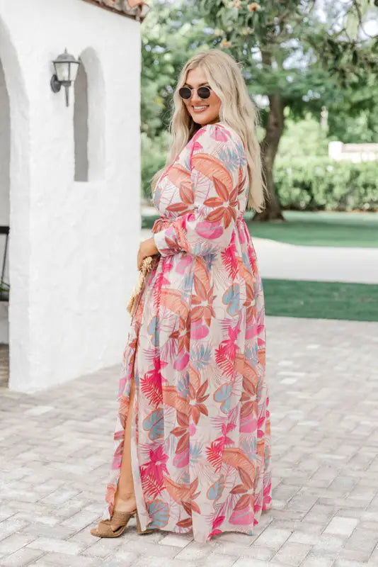 Tropical plant print long sleeve wrap v-neck slit maxi dress - dresses