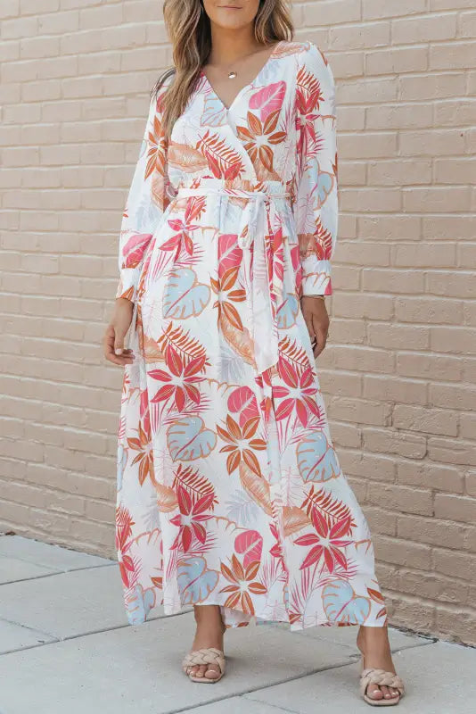 Tropical plant print long sleeve wrap v-neck slit maxi dress - dresses