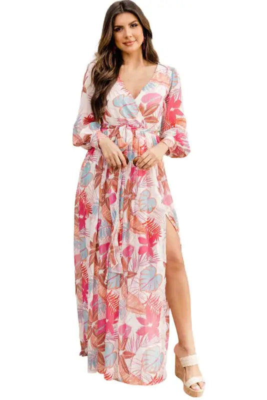 Tropical plant print long sleeve wrap v-neck slit maxi dress - dresses