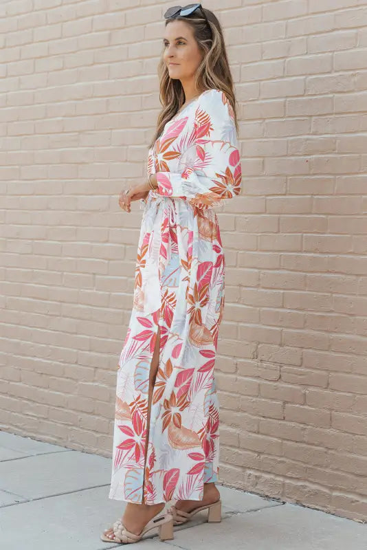 Tropical plant print long sleeve wrap v-neck slit maxi dress - dresses