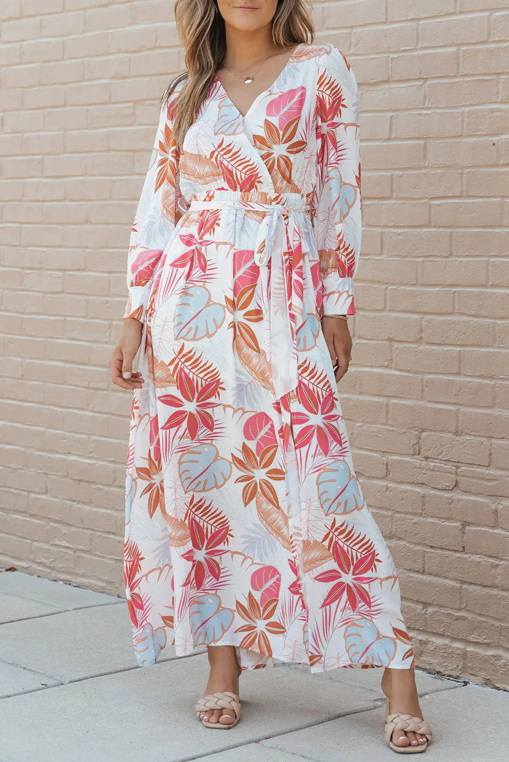 Tropical plant print long sleeve wrap v-neck slit maxi dress - dresses