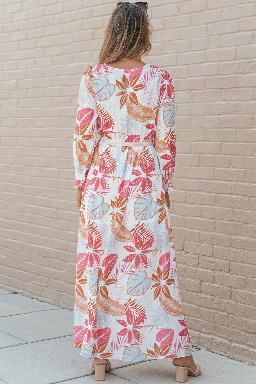 Tropical plant print long sleeve wrap v-neck slit maxi dress - dresses