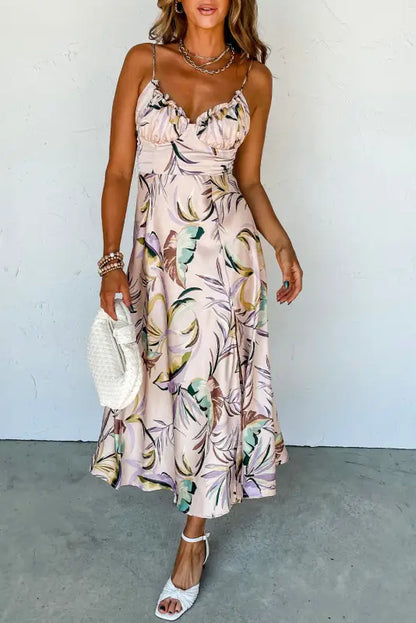 Tropical print spaghetti straps dress - apricot / s / 100% polyester - dresses