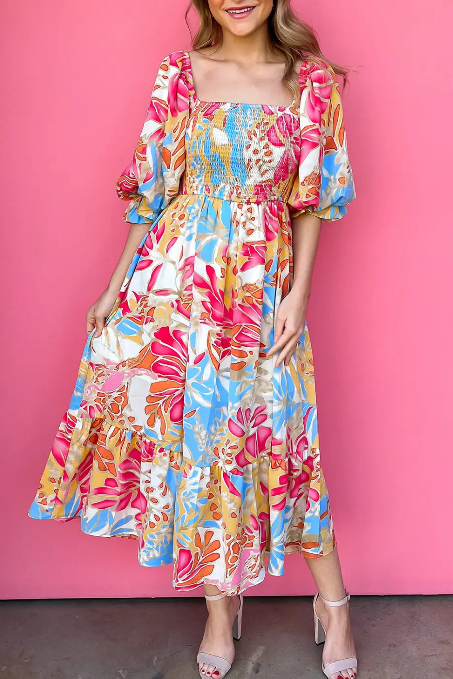 Tropical smocked maxi dress - rose red / s / 100% polyester - floral dresses