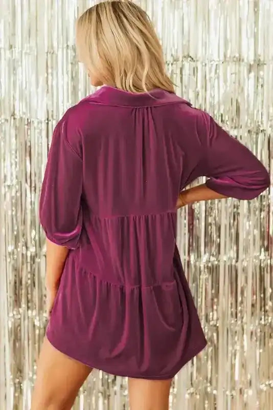 Back view of Velvet Babydoll Tunic Shirt with tiered layers and relaxed fit, perfect for casual fall outfits.