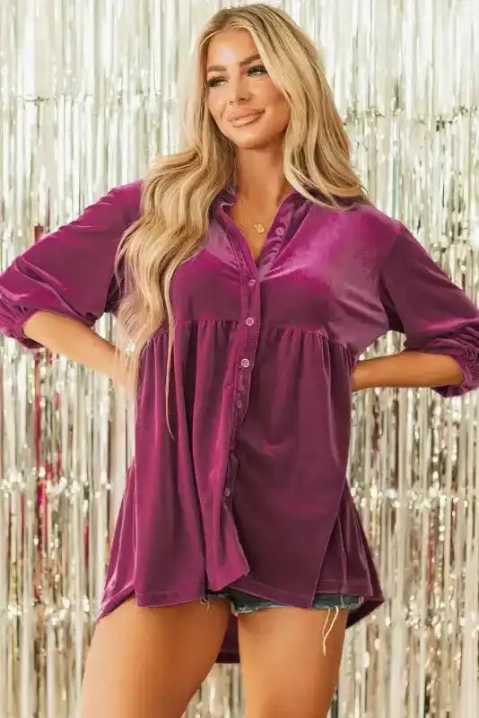 Velvet Babydoll Tunic in pink featuring a loose fit and gathered waist, perfect for daily wear in fall with a Southern Belle style.