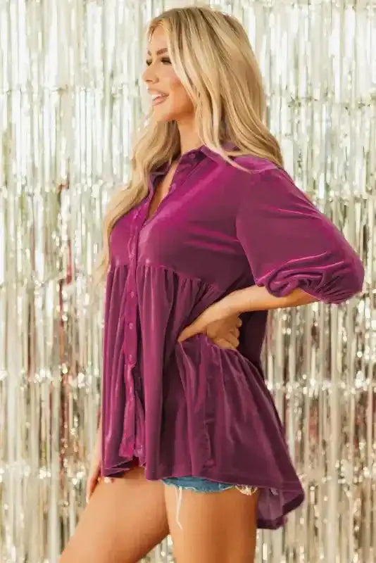 Shop Velvet Tunic Babydoll Shirt in deep pink with button front and A-line silhouette, styled with denim shorts for a casual fall look.
