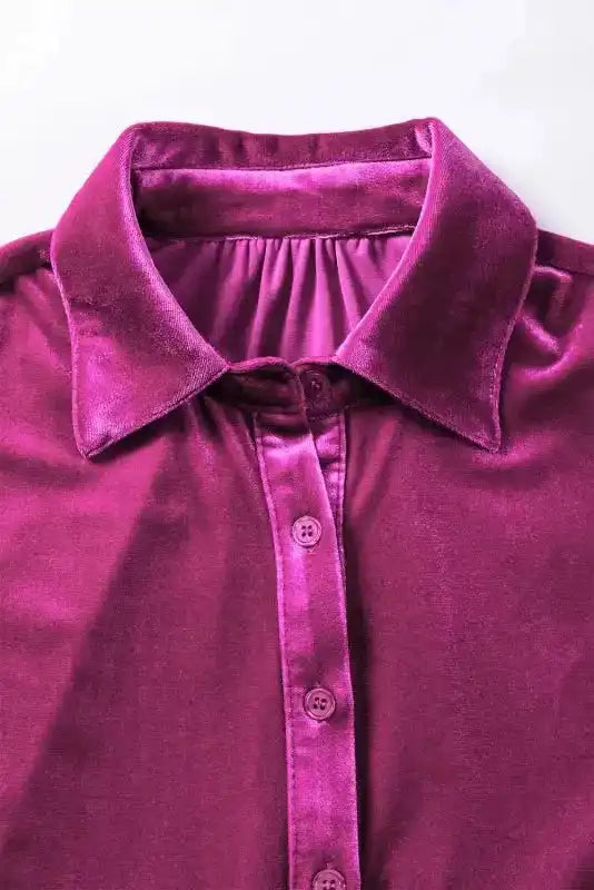 Close-up of collared neckline and button placket on Velvet Tunic Babydoll Shirt, highlighting the smooth velvet fabric.