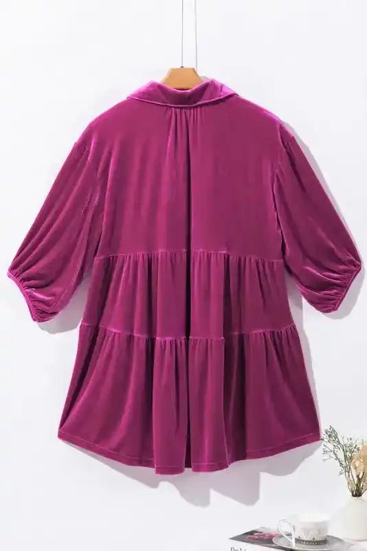 Back of Velvet Tunic Babydoll Shirt on hanger showing tiered layers and relaxed fit, crafted from soft velvet for daily wear.